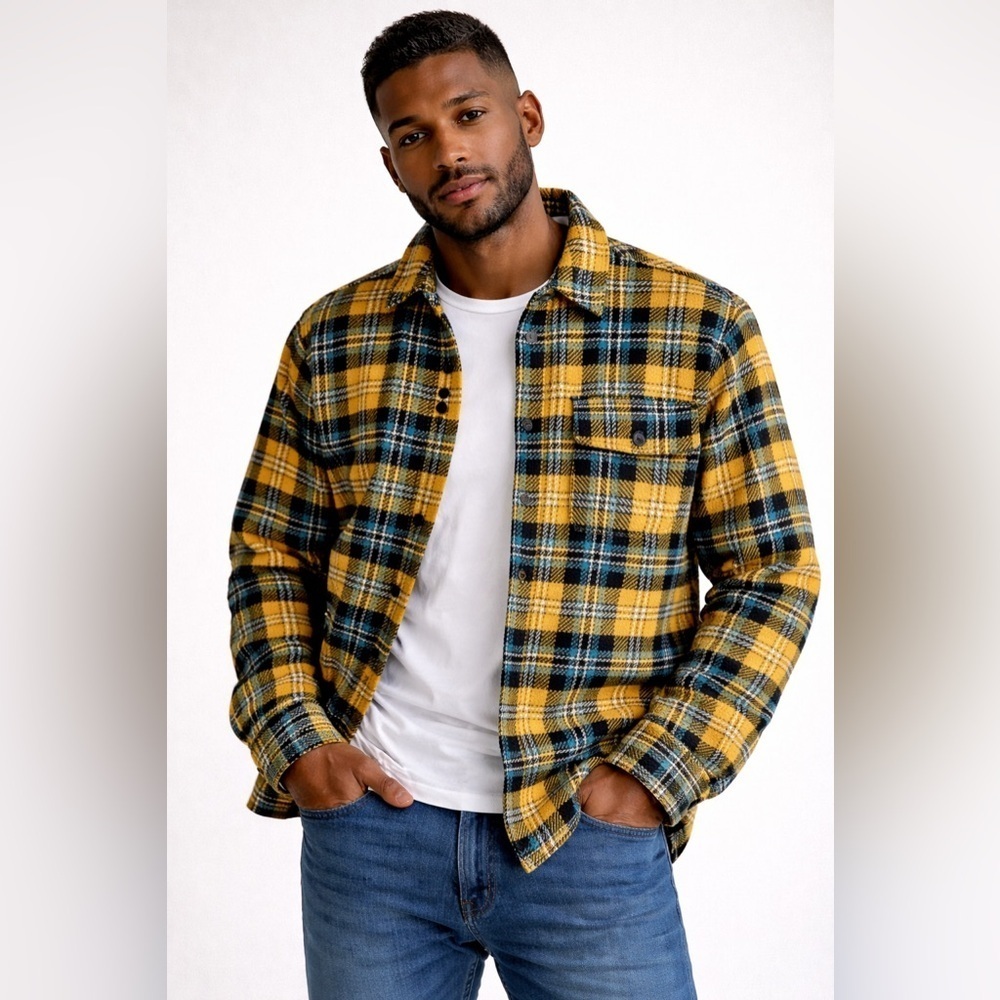ZARA Women’s Yellow Plaid Overshirt Jacket Size L Checkered Button Front Shacket